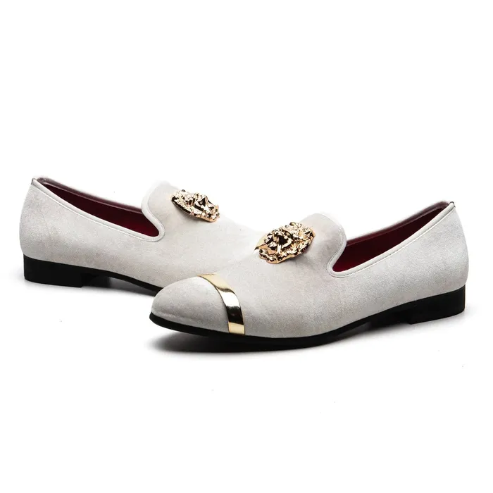 Divine Inspiration Styles Rings MEIJIANA Mens Genuine Velvet Leather White Loafers With Medallion Ring Designer Shoes