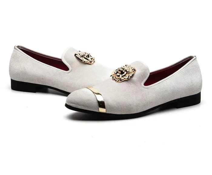Divine Inspiration Styles Rings MEIJIANA Mens Genuine Velvet Leather White Loafers With Medallion Ring Designer Shoes