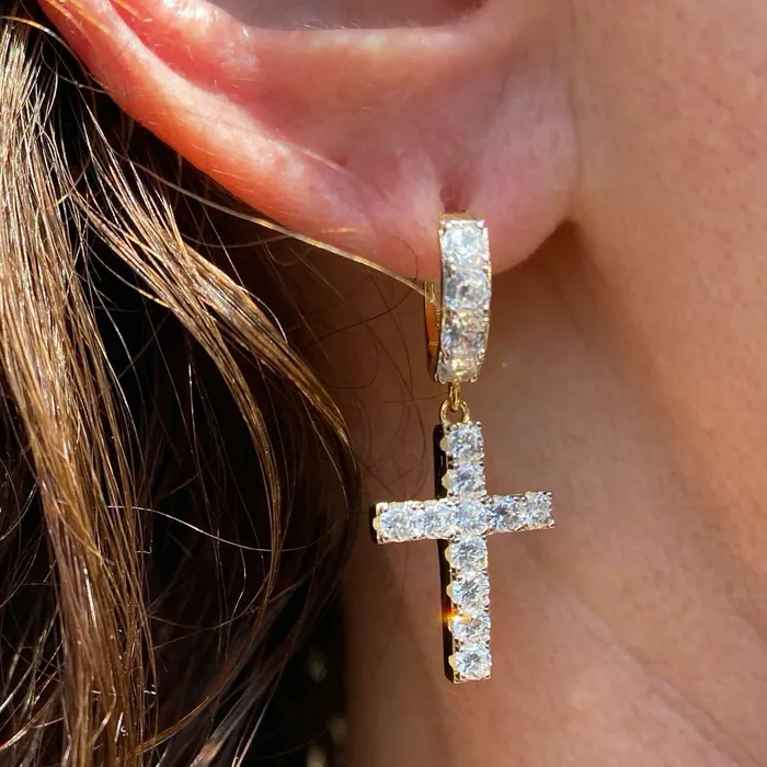 Earrings Bling Cartel Admin 14K Gold Plated Over 925 Silver Cross Hoop Dangle Earrings
