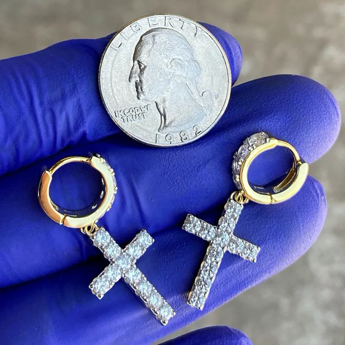 Earrings Bling Cartel Admin 14K Gold Plated Over 925 Silver Cross Hoop Dangle Earrings