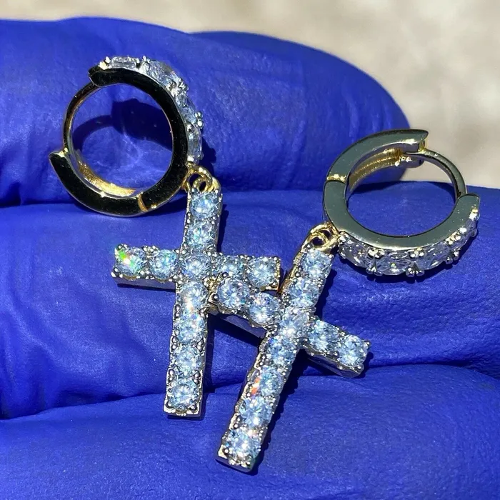 Earrings Bling Cartel Admin 14K Gold Plated Over 925 Silver Cross Hoop Dangle Earrings