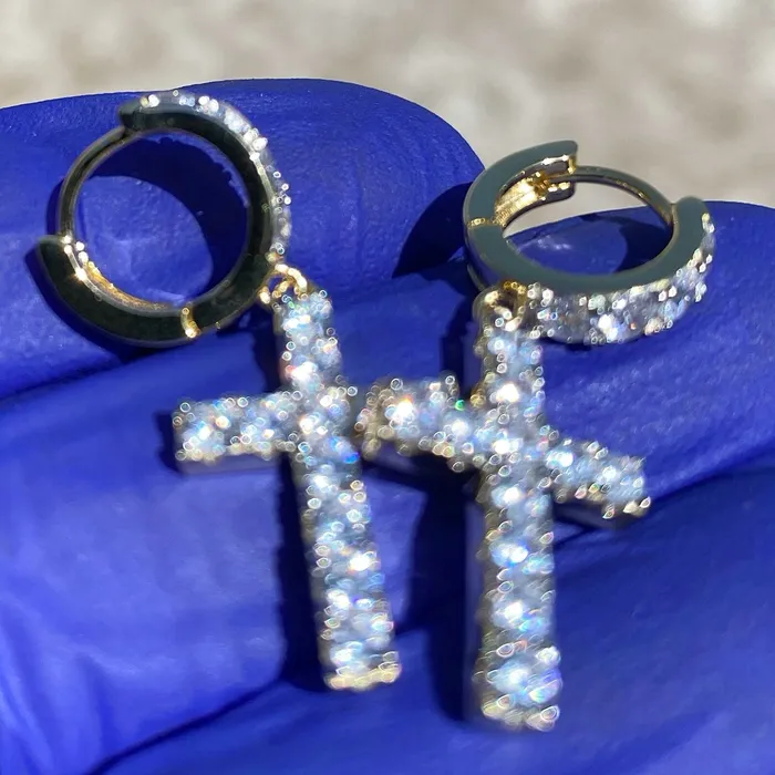 Earrings Bling Cartel Admin 14K Gold Plated Over 925 Silver Cross Hoop Dangle Earrings