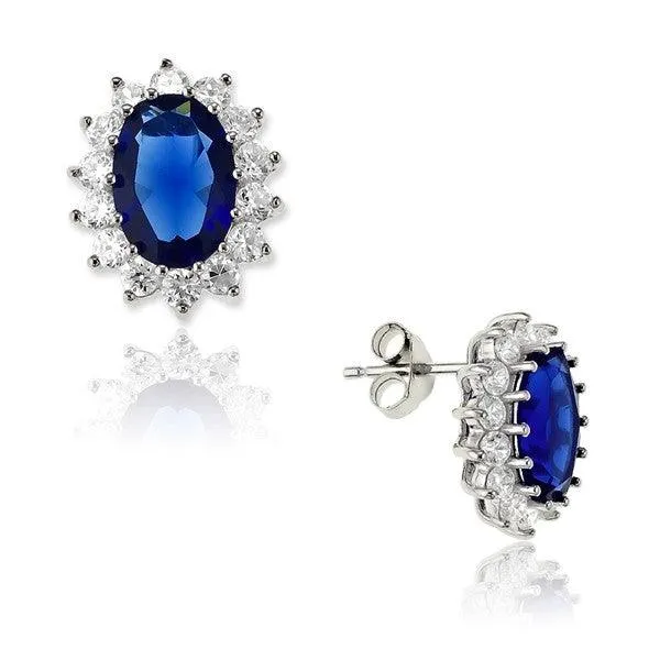 Earrings Classic Sterling Silver Oval Blue Sapphire and Clear CZ Earrings