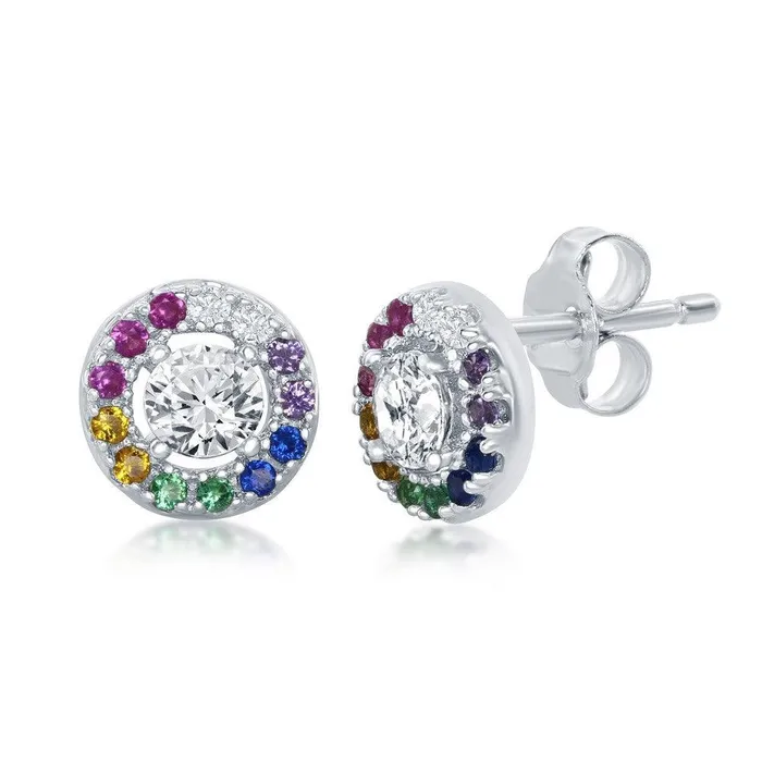 Earrings Classic Sterling Silver Rainbow CZ Round Stud Earrings