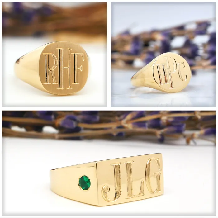 Mens Square Signet Ring Small Hand Engraved Roman Monogram deBebians Rings