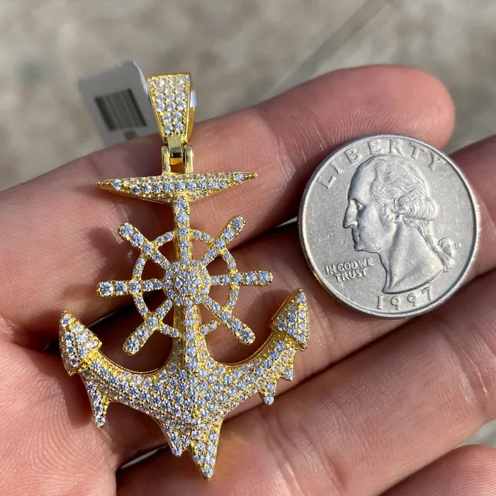 Necklaces AMERICAN TIME Anchor Drip Iced CZ Pendant Gold Plated over 925 Sterling Silver Necklaces AMERICAN TIME Anchor Drip Iced CZ Pendant Gold Plated over 925 Sterling Silver