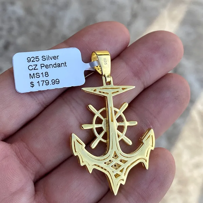 Necklaces AMERICAN TIME Anchor Drip Iced CZ Pendant Gold Plated over 925 Sterling Silver Necklaces AMERICAN TIME Anchor Drip Iced CZ Pendant Gold Plated over 925 Sterling Silver