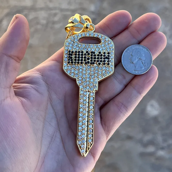Necklaces Bling Cartel 14K Gold Plated Big Key Iced Flooded Out Franco Chain Necklace 36