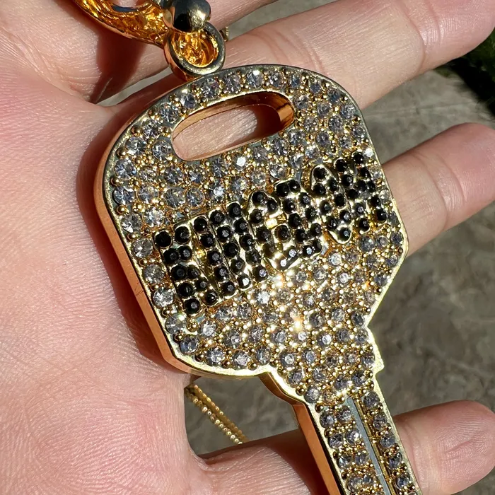 Necklaces Bling Cartel 14K Gold Plated Big Key Iced Flooded Out Franco Chain Necklace 36