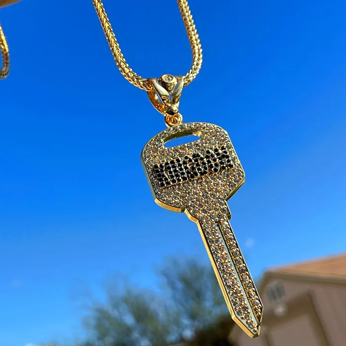 Necklaces Bling Cartel 14K Gold Plated Big Key Iced Flooded Out Franco Chain Necklace 36