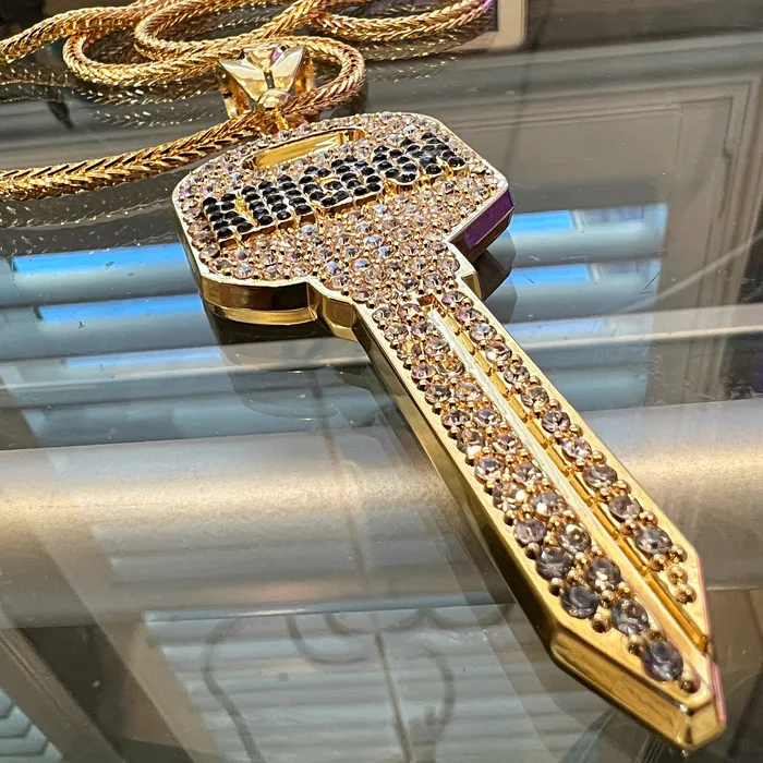 Necklaces Bling Cartel 14K Gold Plated Big Key Iced Flooded Out Franco Chain Necklace 36