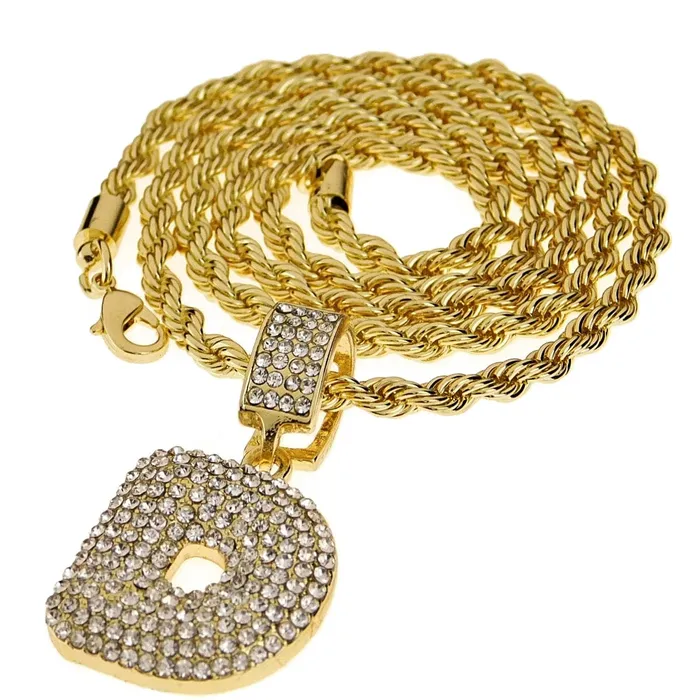 Necklaces Bling Cartel Admin Bubble Letter D Gold Finish Rope Chain Necklace 24