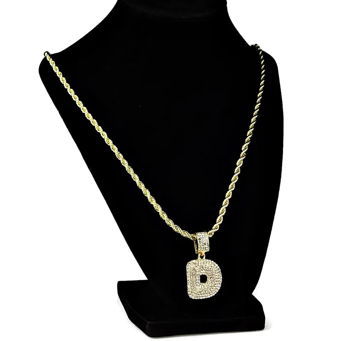 Necklaces Bling Cartel Admin Bubble Letter D Gold Finish Rope Chain Necklace 24