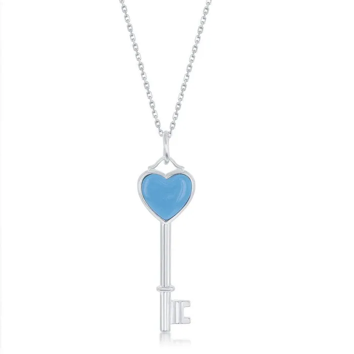 Necklaces Classic Sterling Silver Blue MOP Heart Small Key Pendant