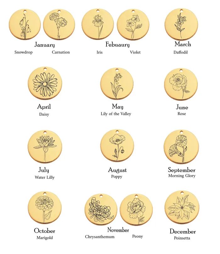 Necklaces closebymejewelry Circle Necklace with BirthFlower Engraving in 14K Yellow Gold
