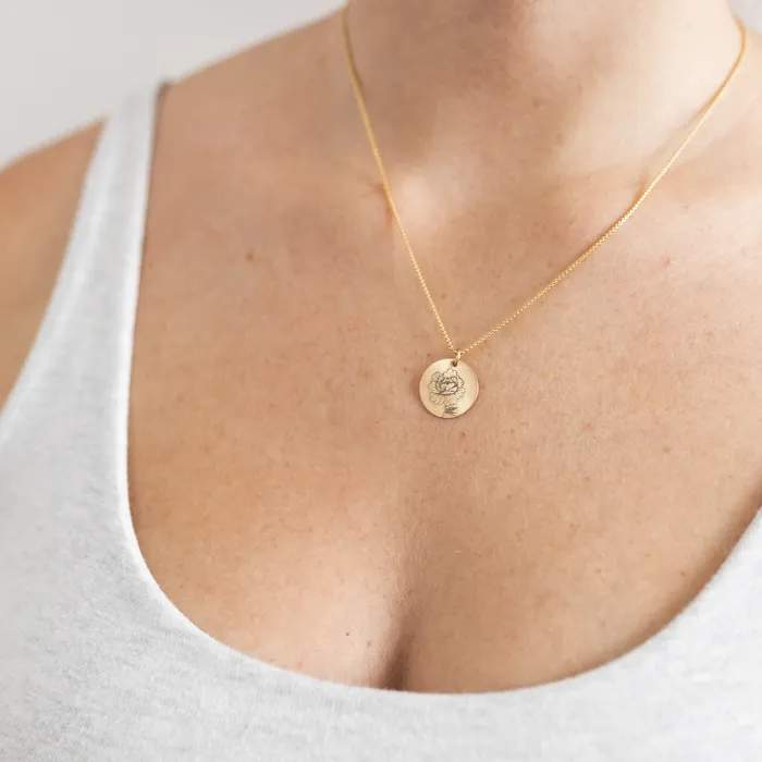 Necklaces closebymejewelry Circle Necklace with BirthFlower Engraving in 14K Yellow Gold