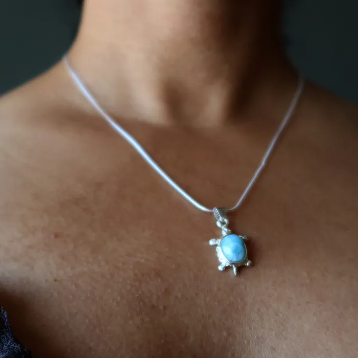 Necklaces Satin Crystals Larimar Necklace Happy Blue Sea Turtle Sterling Silver