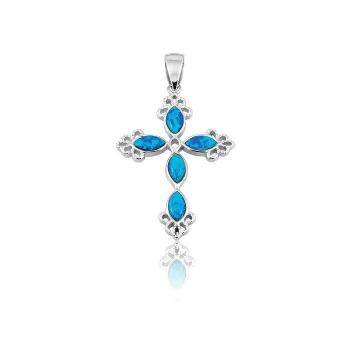 Necklaces Sterling Silver Blue Inlay Opal Fancy Cross Pendant Classic