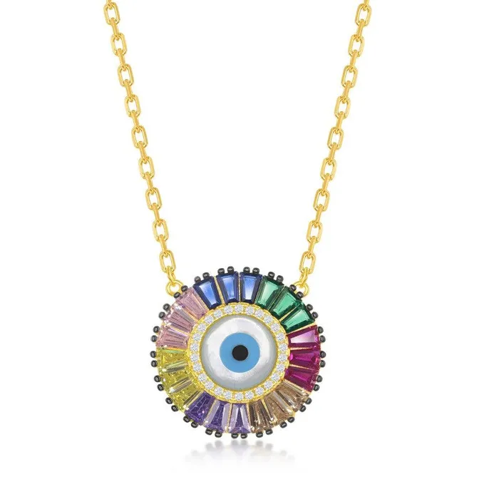 Necklaces Sterling Silver GP Rainbow Baguette CZ Evil Eye Disc Necklace Classic Necklaces Sterling Silver GP Rainbow Baguette CZ Evil Eye Disc Necklace Classic