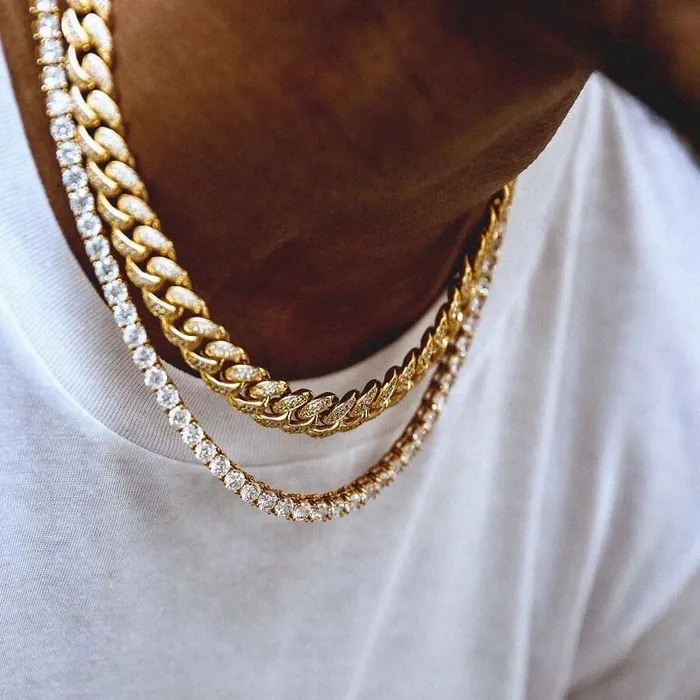 PreStyled Sets VVS Jewelry VVS Jewelry 18K Gold Prong Cuban Chain Tennis Chain Bundle PreStyled Sets VVS Jewelry VVS Jewelry 18K Gold Prong Cuban Chain Tennis Chain Bundle