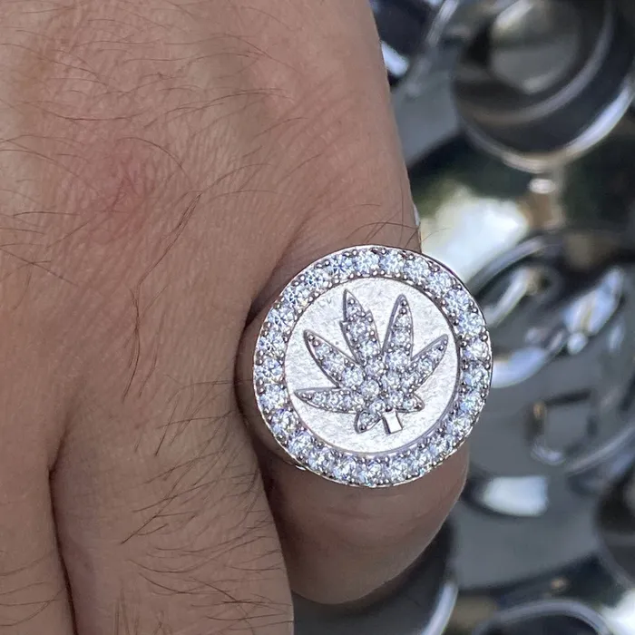 Real Solid 925 Sterling Silver Marijuana Weed Leaf CZ Iced Ring Harlem Rings Real Solid 925 Sterling Silver Marijuana Weed Leaf CZ Iced Ring Harlem Rings