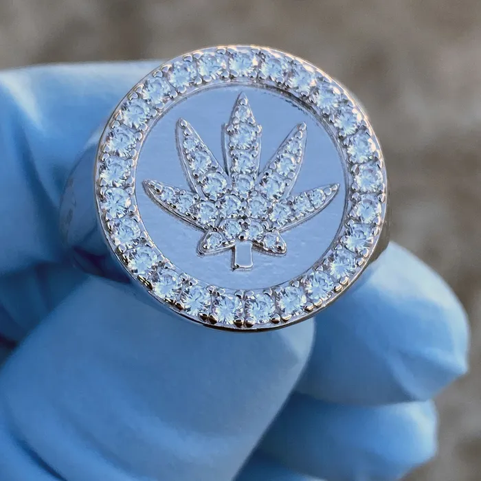 Real Solid 925 Sterling Silver Marijuana Weed Leaf CZ Iced Ring Harlem Rings Real Solid 925 Sterling Silver Marijuana Weed Leaf CZ Iced Ring Harlem Rings
