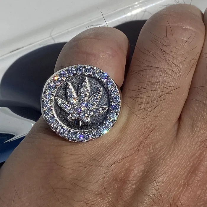 Real Solid 925 Sterling Silver Marijuana Weed Leaf CZ Iced Ring Harlem Rings Real Solid 925 Sterling Silver Marijuana Weed Leaf CZ Iced Ring Harlem Rings
