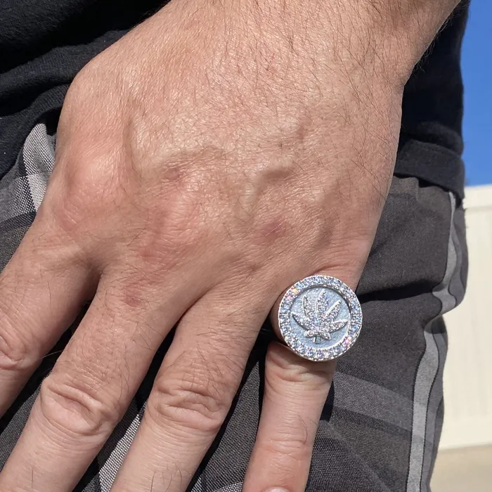 Real Solid 925 Sterling Silver Marijuana Weed Leaf CZ Iced Ring Harlem Rings Real Solid 925 Sterling Silver Marijuana Weed Leaf CZ Iced Ring Harlem Rings