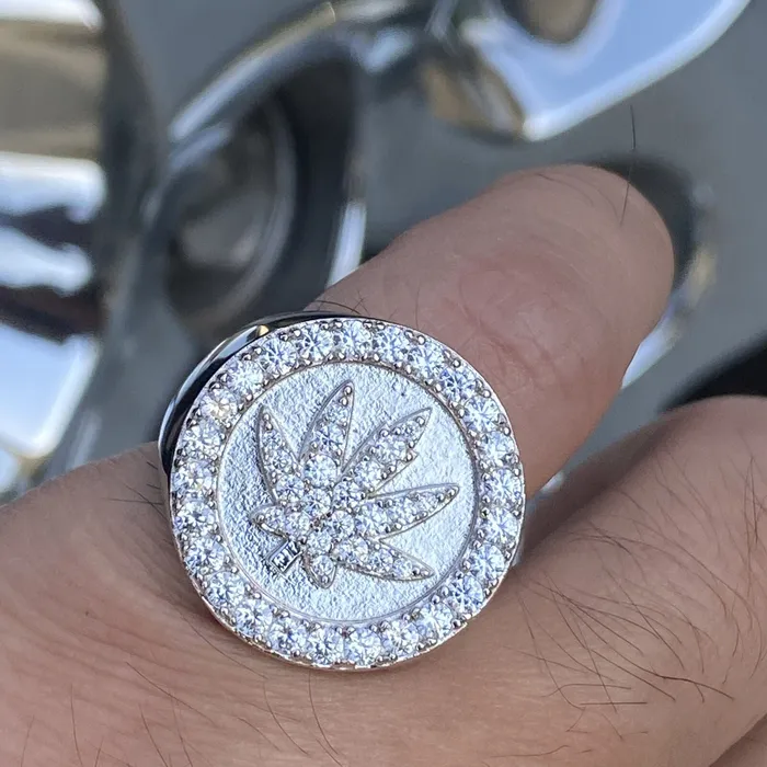 Real Solid 925 Sterling Silver Marijuana Weed Leaf CZ Iced Ring Harlem Rings Real Solid 925 Sterling Silver Marijuana Weed Leaf CZ Iced Ring Harlem Rings