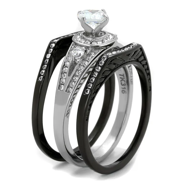 Rings Alamode TK2044 TwoTone IP Black Stainless Steel Ring with AAA Grade CZ in Clear