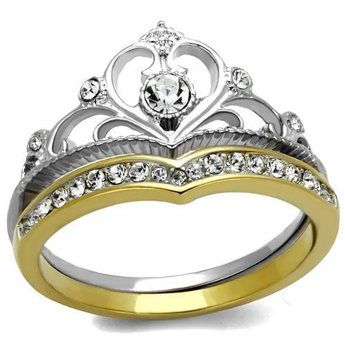 Rings Alamode TK2294 TwoTone IP Gold Ion Plating Stainless Steel Ring with Top Grade Crystal in Clear Rings Alamode TK2294 TwoTone IP Gold Ion Plating Stainless Steel Ring with Top Grade Crystal in Clear