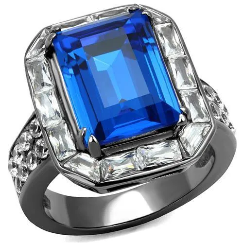 Rings Alamode TK2758 IP Light Black IP Gun Stainless Steel Ring with Top Grade Crystal in Capri Blue Rings Alamode TK2758 IP Light Black IP Gun Stainless Steel Ring with Top Grade Crystal in Capri Blue
