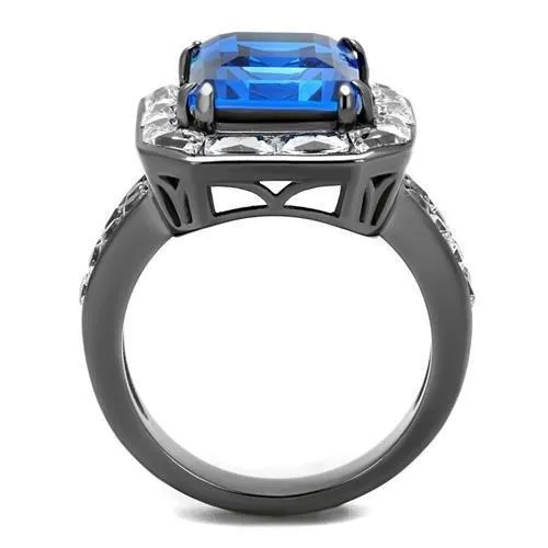 Rings Alamode TK2758 IP Light Black IP Gun Stainless Steel Ring with Top Grade Crystal in Capri Blue