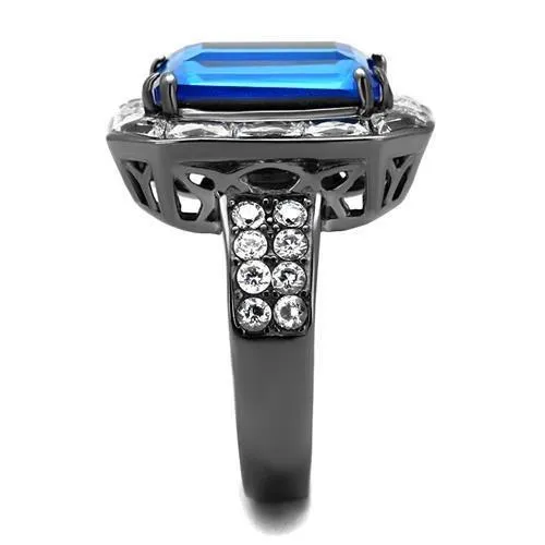 Rings Alamode TK2758 IP Light Black IP Gun Stainless Steel Ring with Top Grade Crystal in Capri Blue