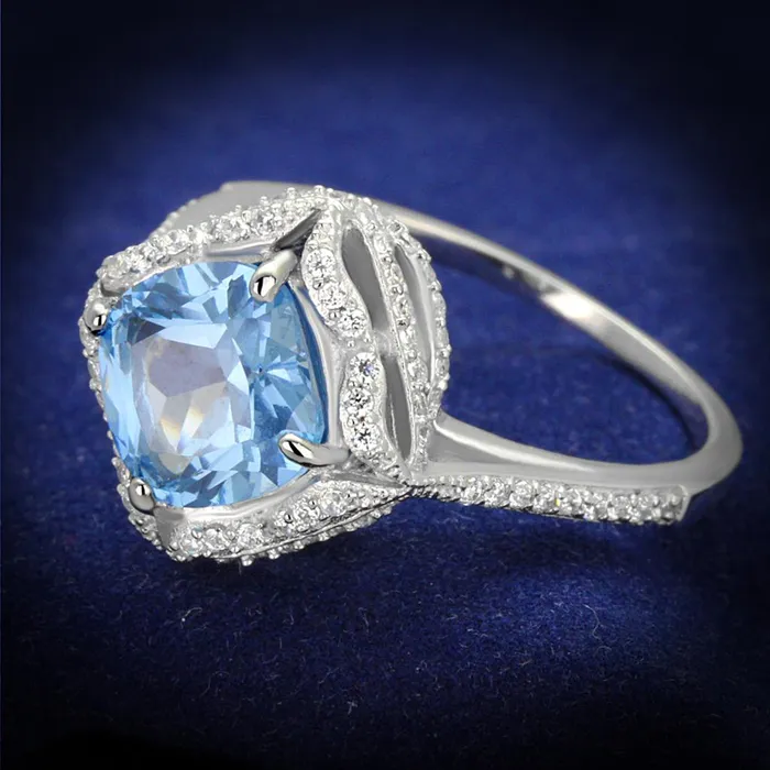 Rings Alamode TS419 Rhodium 925 Sterling Silver Ring with Synthetic Spinel in Sea Blue Rings Alamode TS419 Rhodium 925 Sterling Silver Ring with Synthetic Spinel in Sea Blue