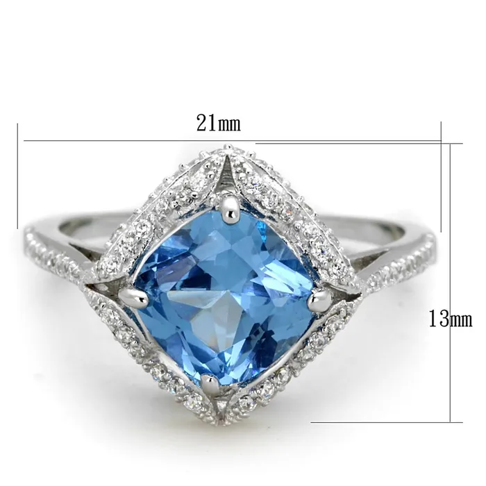 Rings Alamode TS419 Rhodium 925 Sterling Silver Ring with Synthetic Spinel in Sea Blue