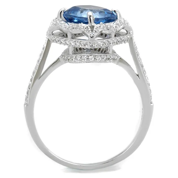 Rings Alamode TS419 Rhodium 925 Sterling Silver Ring with Synthetic Spinel in Sea Blue