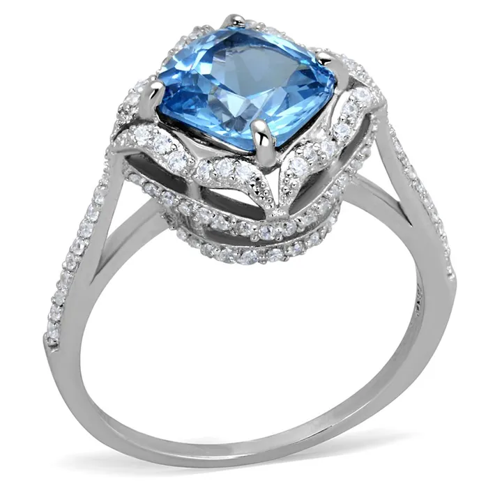 Rings Alamode TS419 Rhodium 925 Sterling Silver Ring with Synthetic Spinel in Sea Blue