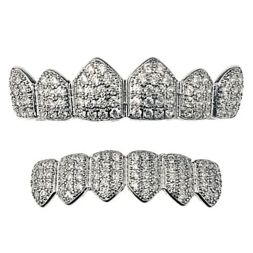 Rings Bling Cartel Admin Silver Tone CZ Iced Six on Six Teeth Grillz Set