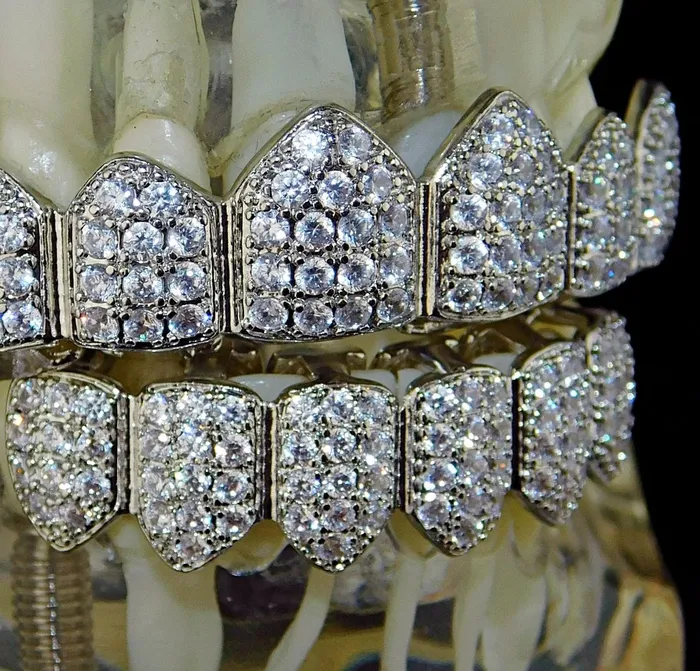 Rings Bling Cartel Admin Silver Tone CZ Iced Six on Six Teeth Grillz Set