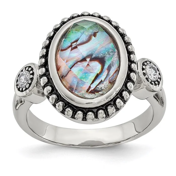 Rings Chisel Stainless Steel Polished and Antiqued Imitation Abalone and CZ Ring Rings Chisel Stainless Steel Polished and Antiqued Imitation Abalone and CZ Ring