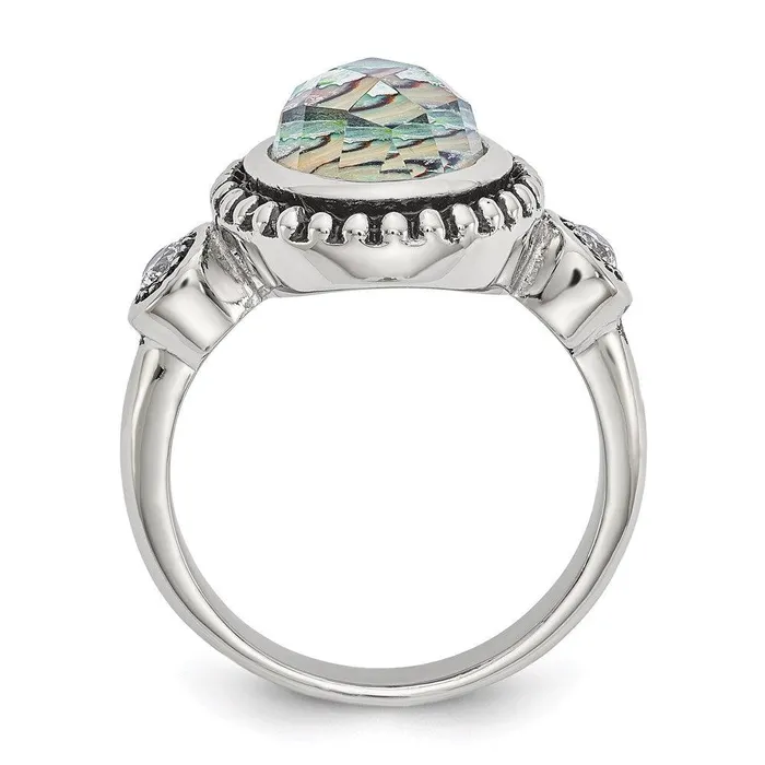 Rings Chisel Stainless Steel Polished and Antiqued Imitation Abalone and CZ Ring Rings Chisel Stainless Steel Polished and Antiqued Imitation Abalone and CZ Ring
