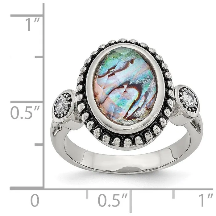 Rings Chisel Stainless Steel Polished and Antiqued Imitation Abalone and CZ Ring Rings Chisel Stainless Steel Polished and Antiqued Imitation Abalone and CZ Ring
