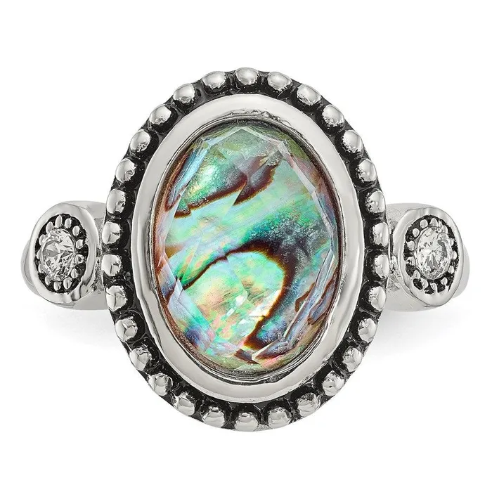 Rings Chisel Stainless Steel Polished and Antiqued Imitation Abalone and CZ Ring Rings Chisel Stainless Steel Polished and Antiqued Imitation Abalone and CZ Ring