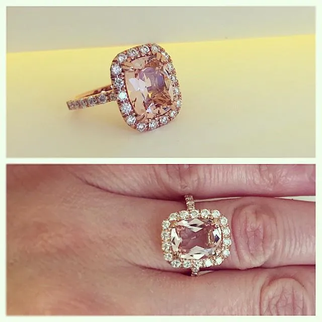 Rings Cushion Morganite Halo Rose Gold Engagement Ring deBebians