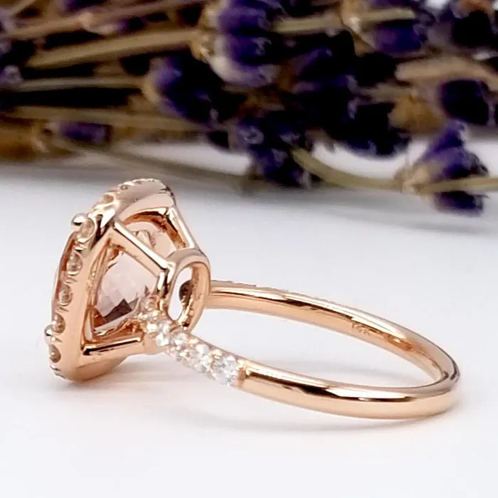 Rings Cushion Morganite Halo Rose Gold Engagement Ring deBebians