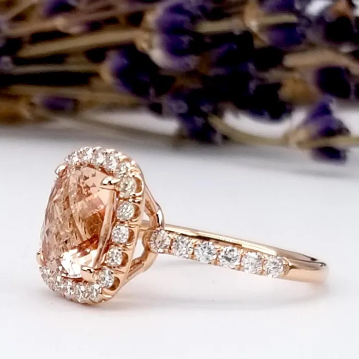 Rings Cushion Morganite Halo Rose Gold Engagement Ring deBebians