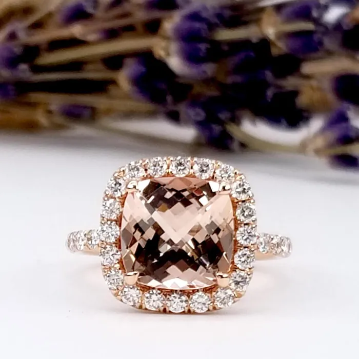 Rings Cushion Morganite Halo Rose Gold Engagement Ring deBebians
