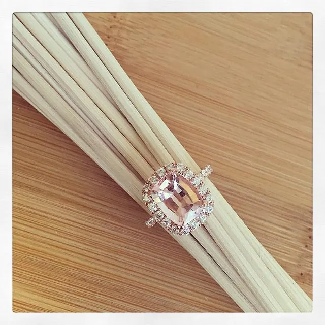 Rings Cushion Morganite Halo Rose Gold Engagement Ring deBebians