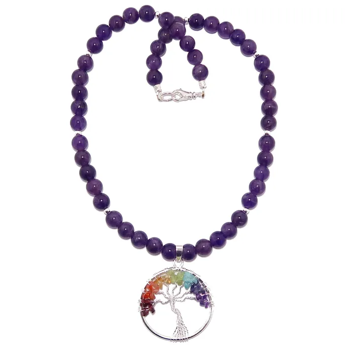 Satin Crystals Necklaces Amethyst Necklace Chakra Tree of Life Rainbow Stones